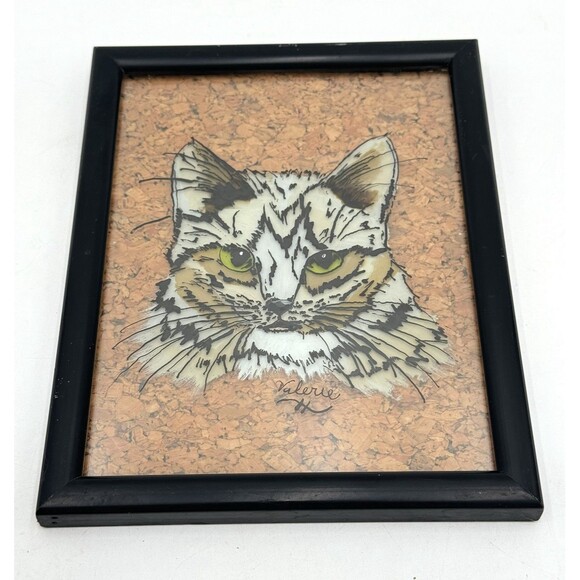 Vintage Reverse Painted Cat on Glass Framed with Cork Backing Singed Valerie - Picture 1 of 7
